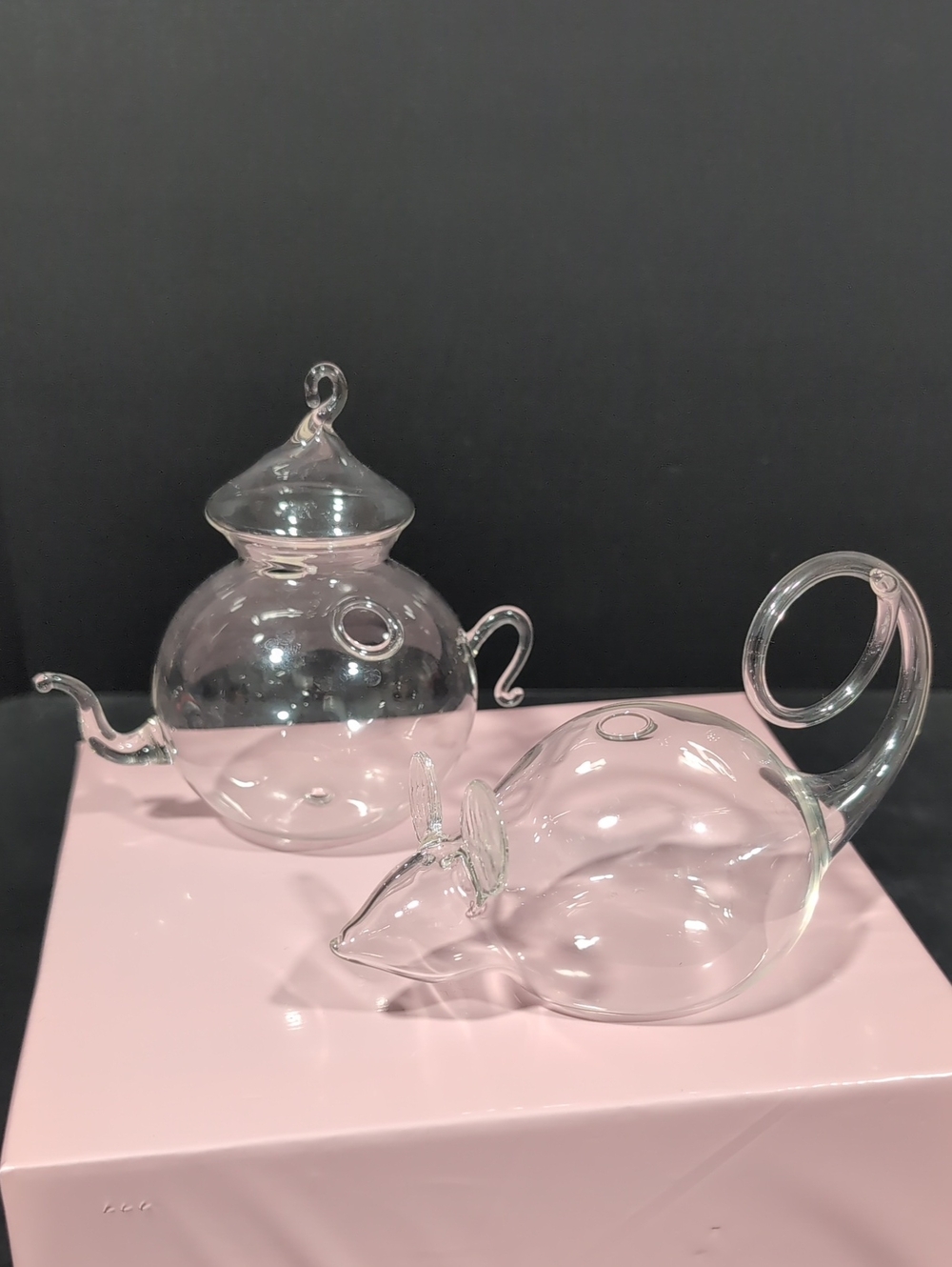 VGT,Lot Of 2 Clear Blown Glass Oil Lamps,A Mouse/Teapot.